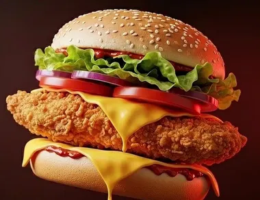 Detalhe de sanduíche empanado com queijo, no recorte típico de foto de cardápio